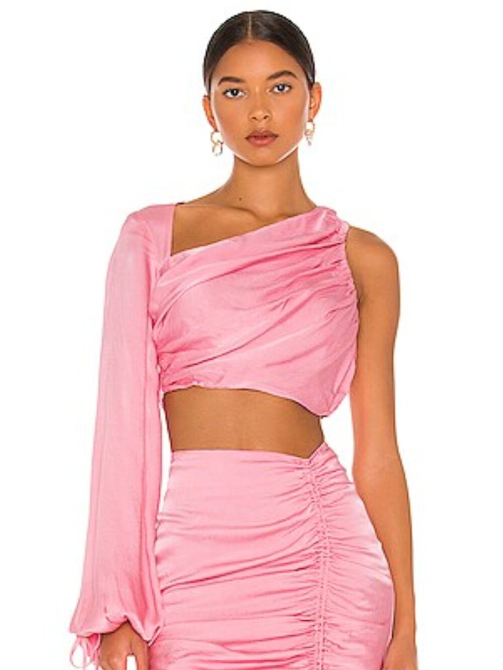 Lovers + Friends Pink One Sleeve Ruched Crop Top Blouse